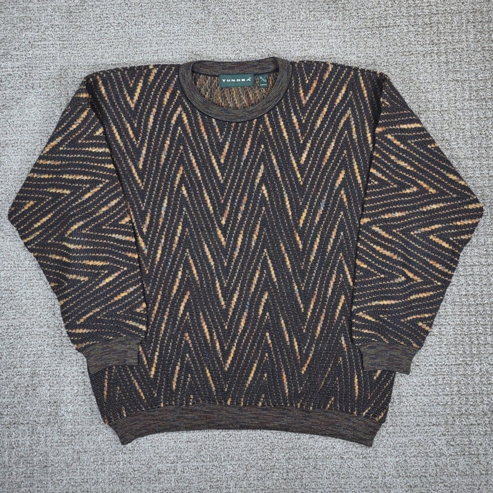 Vintage Tundra Mens XL Zigzag Knit Sweater‎ Long Sleeve Crew Neck Brown